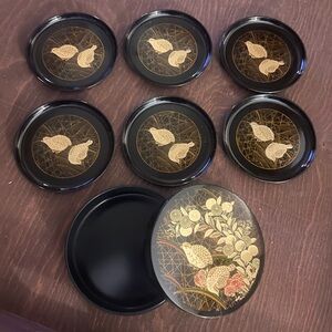 Otagiri drink coster set (6 coasters+storage box) Quail-Flower Gold Design